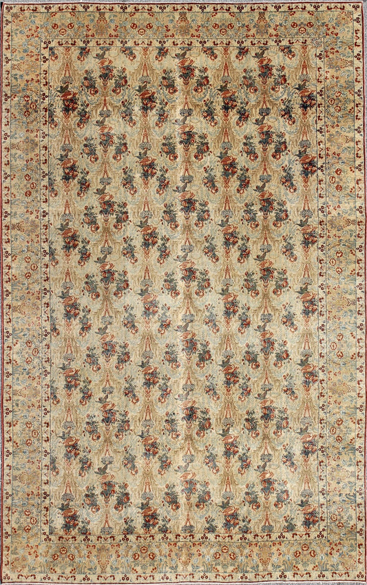 Large Antique Fine Tabriz Persian Carpet in Ivory Background with Flowers and Bird Design. kwarugs / E - 0609. Antique Fine Persian rug, Haj Jalili Tabriz Persian Rug. Fine Persian Tabriz This unique allover pattern finely woven antique rug is hallmar... - Keivan Woven ArtsE - 0609 - 271
