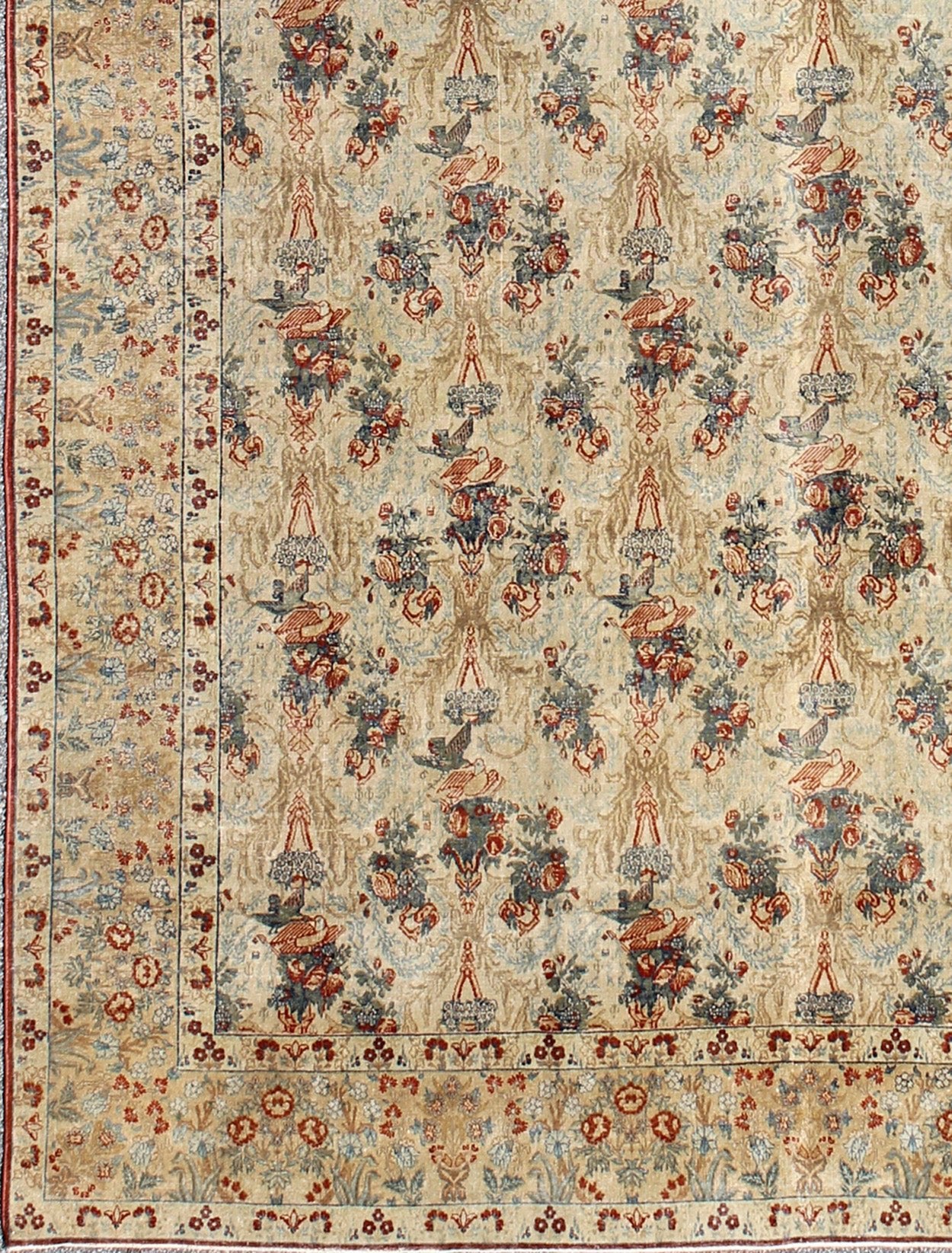 Large Antique Fine Tabriz Persian Carpet in Ivory Background with Flowers and Bird Design. kwarugs / E - 0609. Antique Fine Persian rug, Haj Jalili Tabriz Persian Rug. Fine Persian Tabriz This unique allover pattern finely woven antique rug is hallmar... - Keivan Woven ArtsE - 0609 - 271