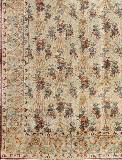 Large Antique Fine Tabriz Persian Carpet in Ivory Background with Flowers and Bird Design. kwarugs / E - 0609. Antique Fine Persian rug, Haj Jalili Tabriz Persian Rug. Fine Persian Tabriz This unique allover pattern finely woven antique rug is hallmar... - Keivan Woven ArtsE - 0609 - 271
