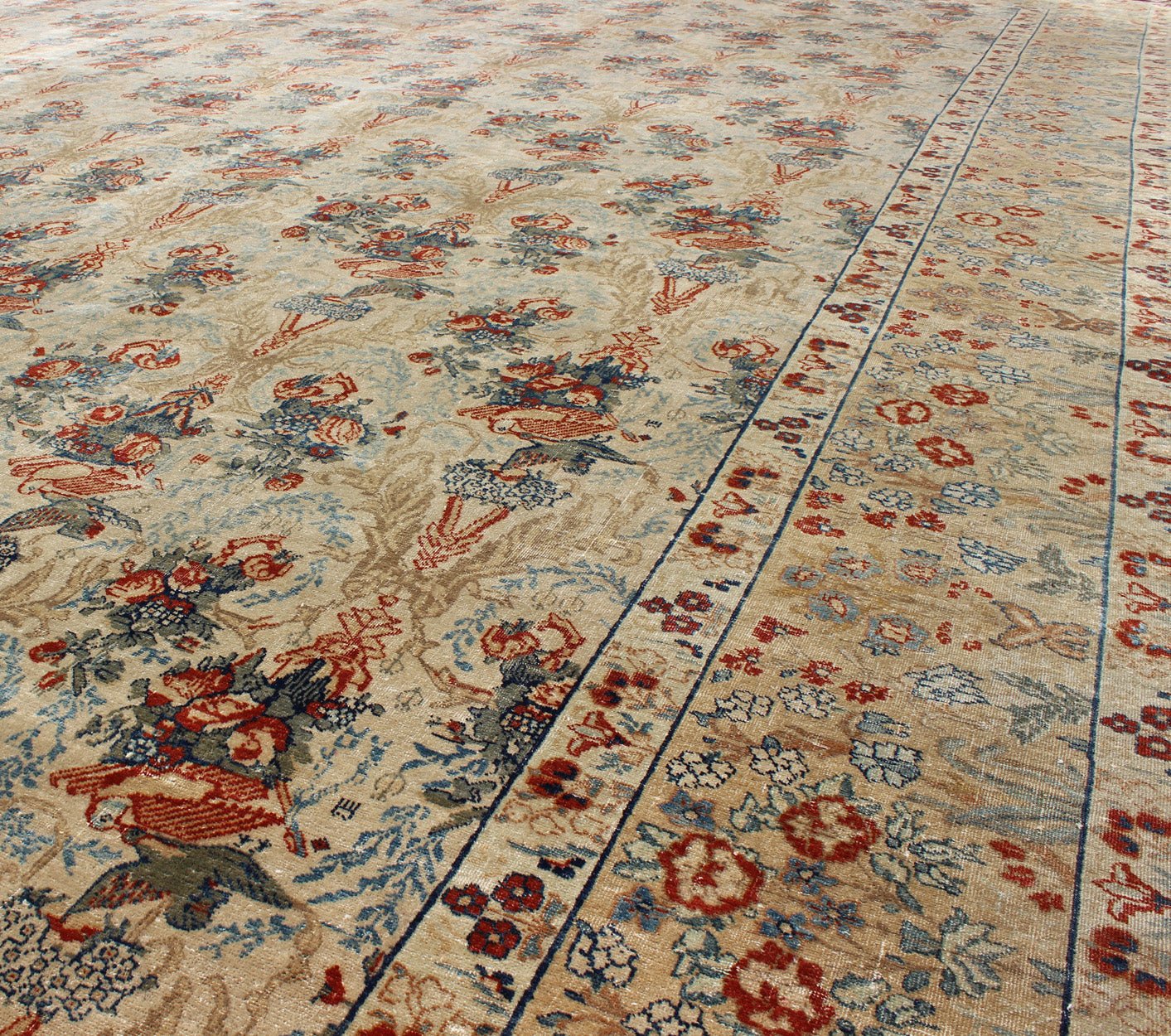Large Antique Fine Tabriz Persian Carpet in Ivory Background with Flowers and Bird Design. kwarugs / E - 0609. Antique Fine Persian rug, Haj Jalili Tabriz Persian Rug. Fine Persian Tabriz This unique allover pattern finely woven antique rug is hallmar... - Keivan Woven ArtsE - 0609 - 271