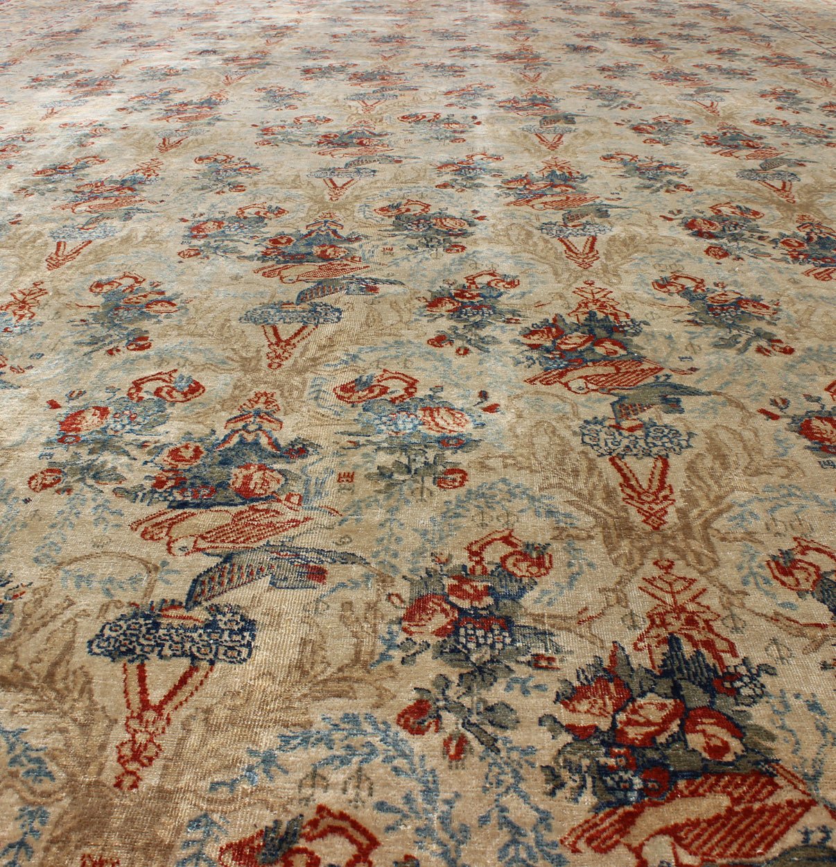 Large Antique Fine Tabriz Persian Carpet in Ivory Background with Flowers and Bird Design. kwarugs / E - 0609. Antique Fine Persian rug, Haj Jalili Tabriz Persian Rug. Fine Persian Tabriz This unique allover pattern finely woven antique rug is hallmar... - Keivan Woven ArtsE - 0609 - 271