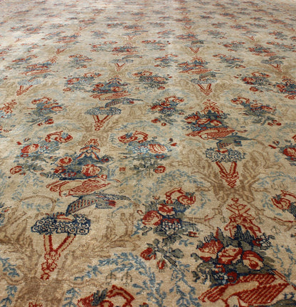 Large Antique Fine Tabriz Persian Carpet in Ivory Background with Flowers and Bird Design. kwarugs / E - 0609. Antique Fine Persian rug, Haj Jalili Tabriz Persian Rug. Fine Persian Tabriz This unique allover pattern finely woven antique rug is hallmar... - Keivan Woven ArtsE - 0609 - 271