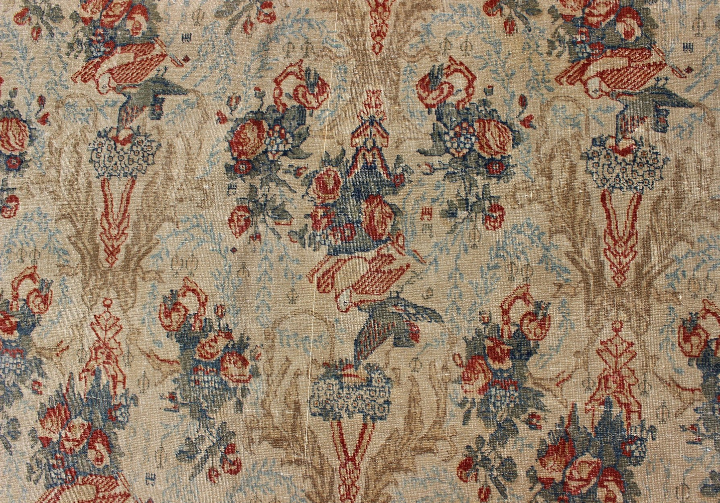 Large Antique Fine Tabriz Persian Carpet in Ivory Background with Flowers and Bird Design. kwarugs / E - 0609. Antique Fine Persian rug, Haj Jalili Tabriz Persian Rug. Fine Persian Tabriz This unique allover pattern finely woven antique rug is hallmar... - Keivan Woven ArtsE - 0609 - 271