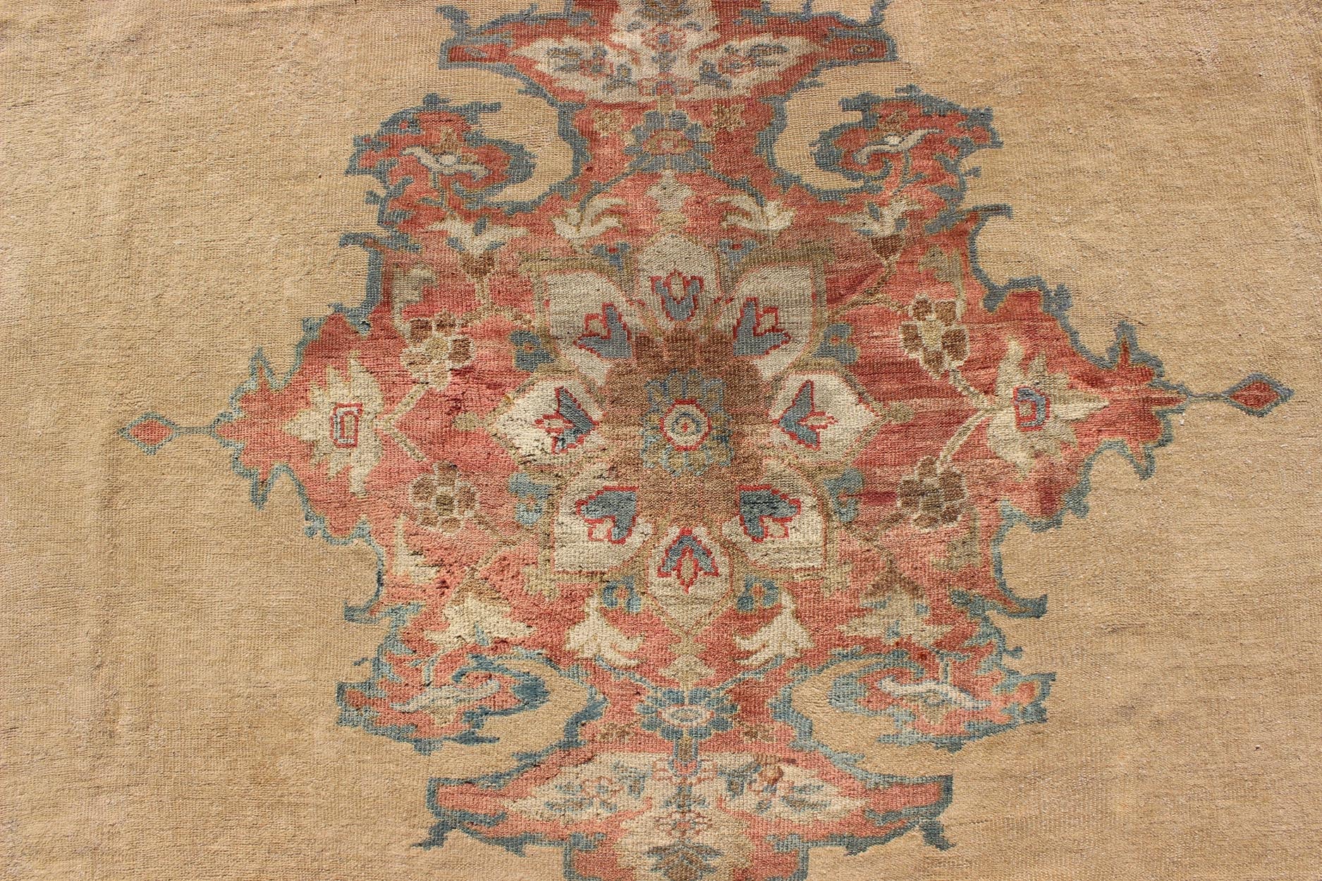 Antique Persian Ziegler Sultanabad Rug in Light Yellow Background with Salmon Color. Keivan Woven Arts / rug / E - 0702 / country of origin / type: Iran / Sultanabad, circa 1890's Measures: 91 x 115 This exquisite antique Ziegler Sultanabad carpet ... - Keivan Woven ArtsE - 0702 - 1811Rug
