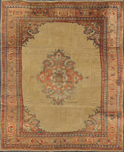 Antique Persian Ziegler Sultanabad Rug in Light Yellow Background with Salmon Color. Keivan Woven Arts / rug / E - 0702 / country of origin / type: Iran / Sultanabad, circa 1890's Measures: 91 x 115 This exquisite antique Ziegler Sultanabad carpet ... - Keivan Woven ArtsE - 0702 - 1811Rug