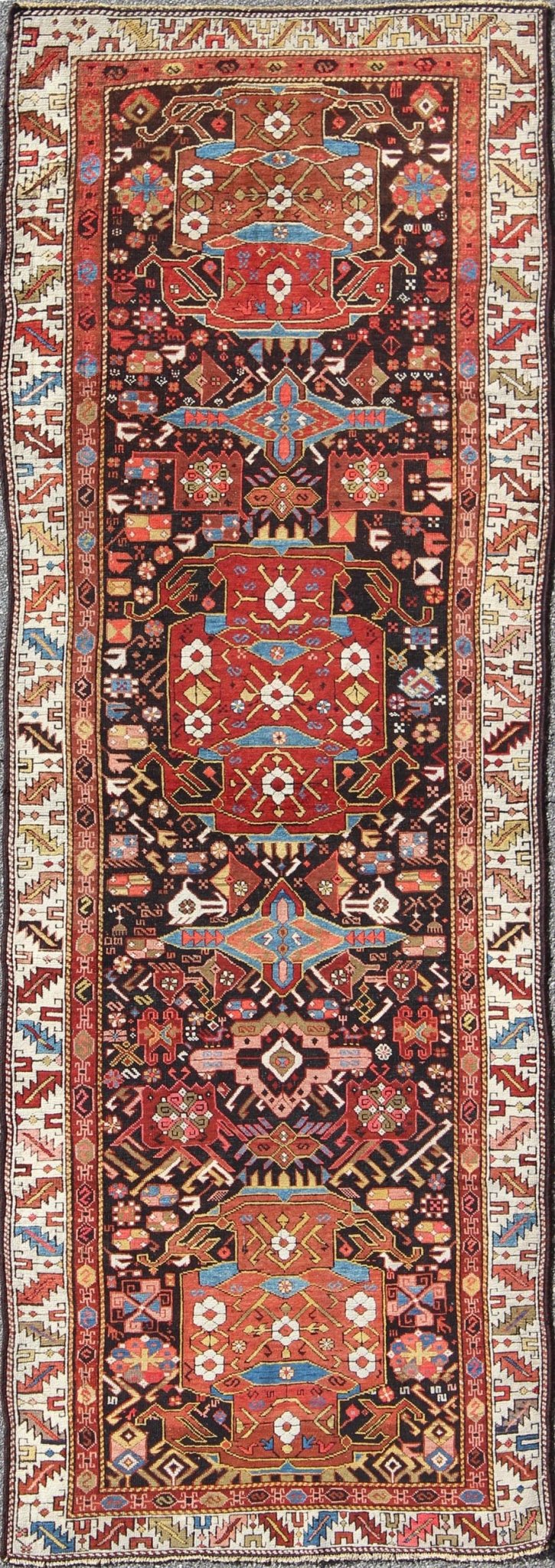 Antique Caucasian Karabagh Runner With Geometric Medallions in Jewel Tones. Keivan Woven Arts / rug E - 0706, country of origin / type: Caucus / Caucasian, circa 1870. Measures: 3'9 x 11'. This antique Karabagh rug displays an intricate design of f... - Keivan Woven ArtsE - 0706 - 1390Rug