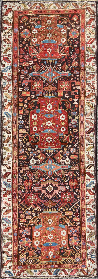 Antique Caucasian Karabagh Runner With Geometric Medallions in Jewel Tones. Keivan Woven Arts / rug E - 0706, country of origin / type: Caucus / Caucasian, circa 1870. Measures: 3'9 x 11'. This antique Karabagh rug displays an intricate design of f... - Keivan Woven ArtsE - 0706 - 1390Rug