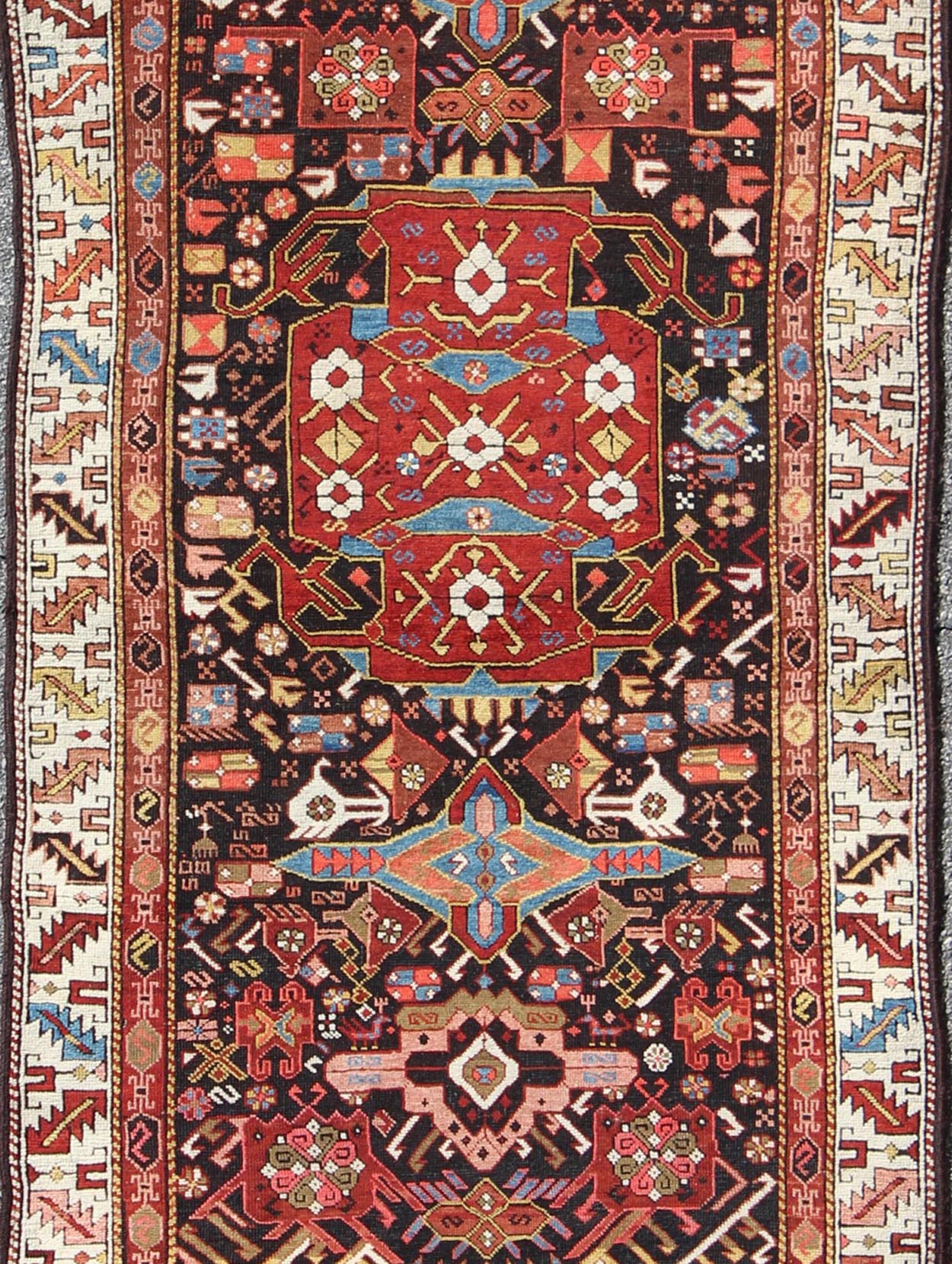 Antique Caucasian Karabagh Runner With Geometric Medallions in Jewel Tones. Keivan Woven Arts / rug E - 0706, country of origin / type: Caucus / Caucasian, circa 1870. Measures: 3'9 x 11'. This antique Karabagh rug displays an intricate design of f... - Keivan Woven ArtsE - 0706 - 1390Rug