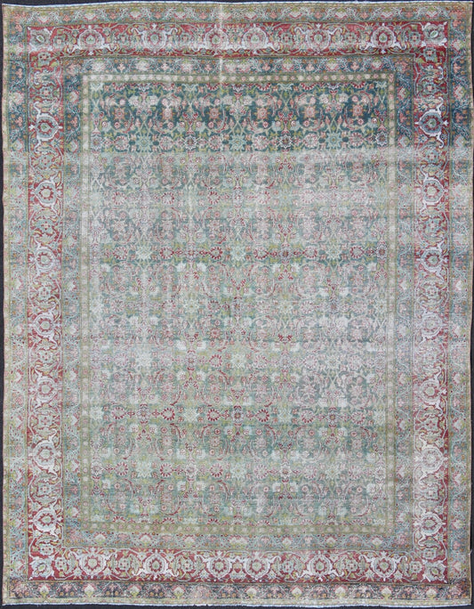 Antique Persian Kerman Lavar Rug with Geometric Leaf and Flower Herati Motifs, kwarugs E - 0803, Antique Classic Persian Lavar Kerman With a teal color backgrounds that varies from teal green to teal blue, this exquisite antique Lavar Kerman carpe... - Keivan Woven ArtsE - 0803 - 764Rug