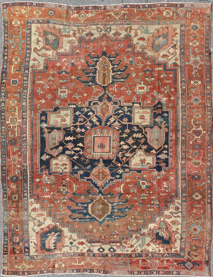 Antique Persian Serapi Rug With Medallion in Rusty - Orange, Blue and Cream's. Keivan Woven Arts / Rug / W22 - 0208, country of origin / type: Iran /Serapi, circa 1910. Antique Heriz, Antique Serapi. Measures: 9'8 x 11'4. Serapi rugs represent the f... - Keivan Woven ArtsE - 0804 - 665Rug