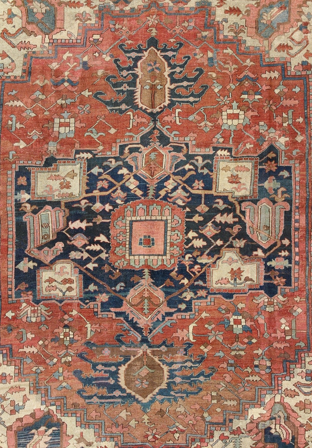Antique Persian Serapi Rug With Medallion in Rusty - Orange, Blue and Cream's. Keivan Woven Arts / Rug / W22 - 0208, country of origin / type: Iran /Serapi, circa 1910. Antique Heriz, Antique Serapi. Measures: 9'8 x 11'4. Serapi rugs represent the f... - Keivan Woven ArtsE - 0804 - 665Rug