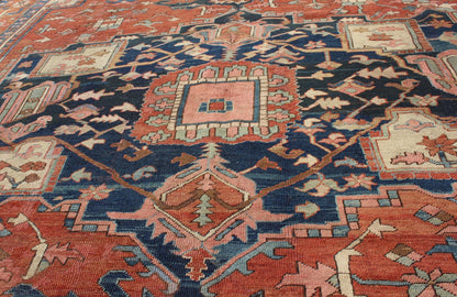 Antique Persian Serapi Rug With Medallion in Rusty - Orange, Blue and Cream's. Keivan Woven Arts / Rug / W22 - 0208, country of origin / type: Iran /Serapi, circa 1910. Antique Heriz, Antique Serapi. Measures: 9'8 x 11'4. Serapi rugs represent the f... - Keivan Woven ArtsE - 0804 - 665Rug