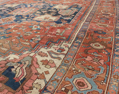 Antique Persian Serapi Rug With Medallion in Rusty - Orange, Blue and Cream's. Keivan Woven Arts / Rug / W22 - 0208, country of origin / type: Iran /Serapi, circa 1910. Antique Heriz, Antique Serapi. Measures: 9'8 x 11'4. Serapi rugs represent the f... - Keivan Woven ArtsE - 0804 - 665Rug