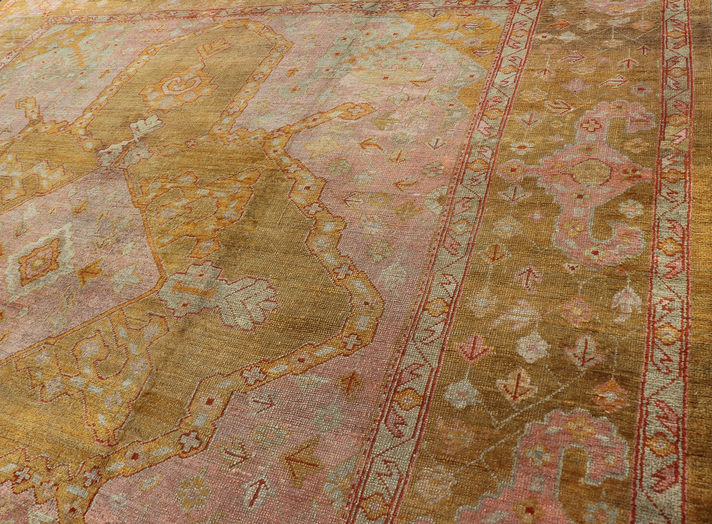 19th century Squared Shape Antique Oushak Rug with golden Green, Marigold, Cream and Pink Color. Keivan Woven Arts / Rug / E - 0805, country of origin / type: Turkey / Oushak, circa Late 19th Century antique Oushak. Measures: 11'6 x 13'2. T... - Keivan Woven ArtsE - 0805 - 481Rug