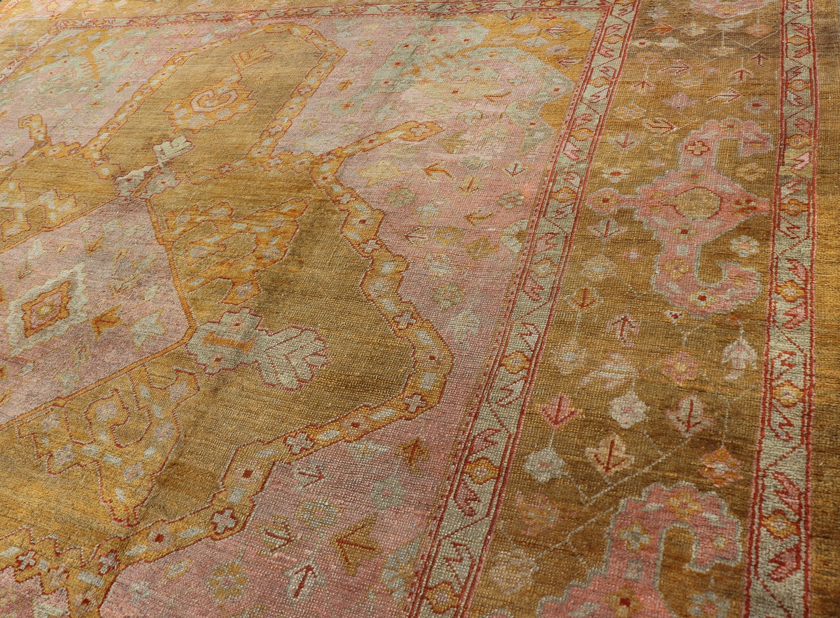 19th century Squared Shape Antique Oushak Rug with golden Green, Marigold, Cream and Pink Color. Keivan Woven Arts / Rug / E - 0805, country of origin / type: Turkey / Oushak, circa Late 19th Century antique Oushak. Measures: 11'6 x 13'2. T... - Keivan Woven ArtsE - 0805 - 481Rug