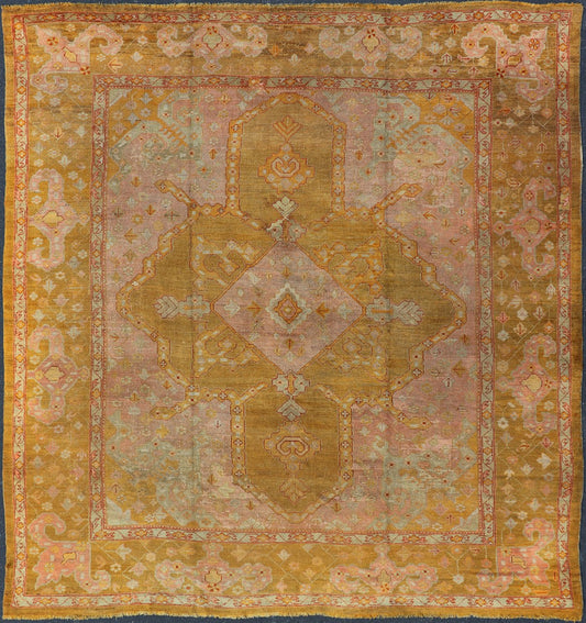 19th century Squared Shape Antique Oushak Rug with golden Green, Marigold, Cream and Pink Color. Keivan Woven Arts / Rug / E - 0805, country of origin / type: Turkey / Oushak, circa Late 19th Century antique Oushak. Measures: 11'6 x 13'2. T... - Keivan Woven ArtsE - 0805 - 481Rug