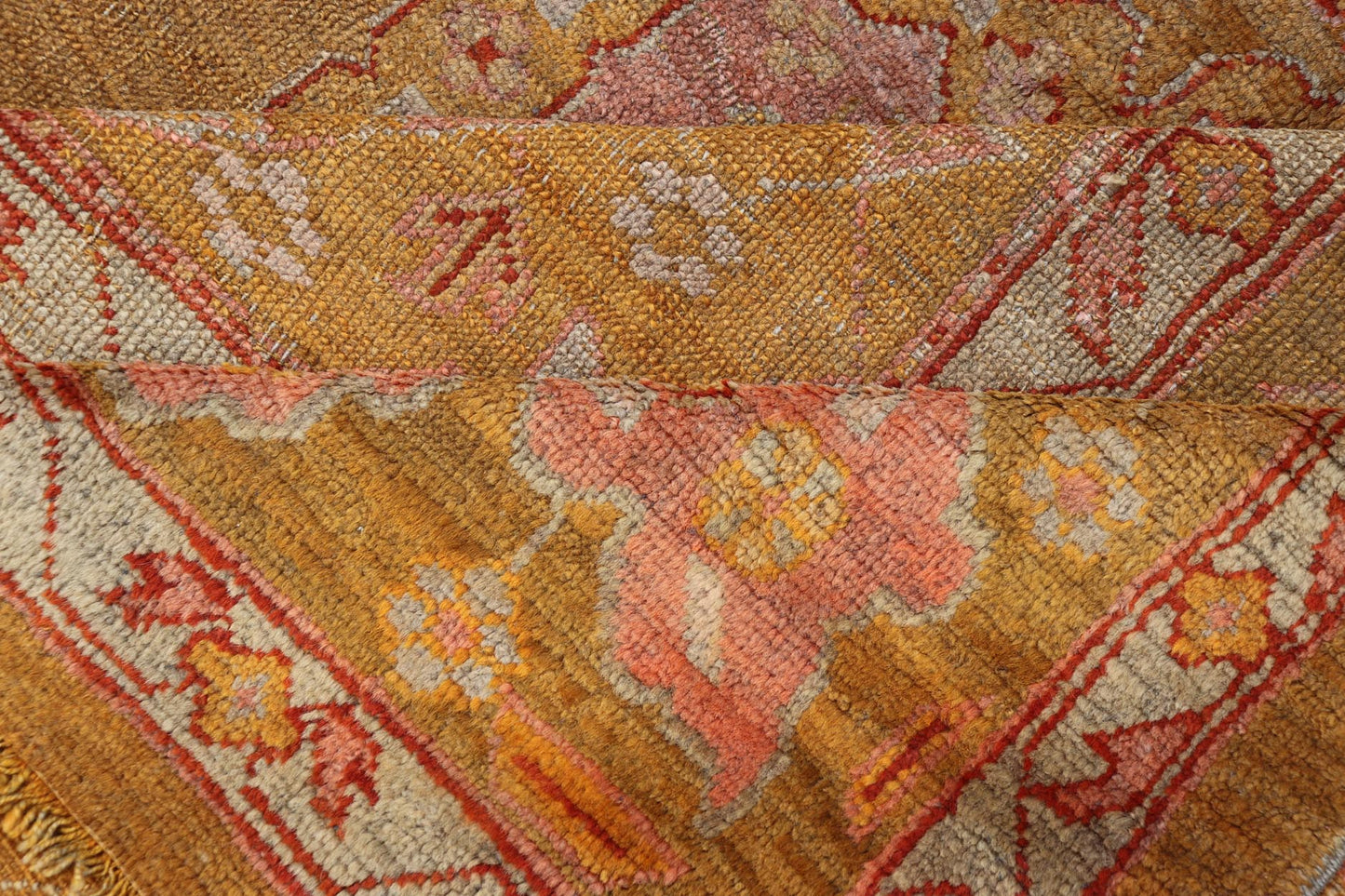 19th century Squared Shape Antique Oushak Rug with golden Green, Marigold, Cream and Pink Color. Keivan Woven Arts / Rug / E - 0805, country of origin / type: Turkey / Oushak, circa Late 19th Century antique Oushak. Measures: 11'6 x 13'2. T... - Keivan Woven ArtsE - 0805 - 481Rug
