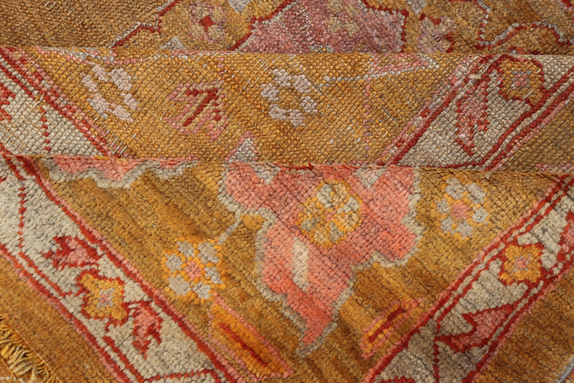 19th century Squared Shape Antique Oushak Rug with golden Green, Marigold, Cream and Pink Color. Keivan Woven Arts / Rug / E - 0805, country of origin / type: Turkey / Oushak, circa Late 19th Century antique Oushak. Measures: 11'6 x 13'2. T... - Keivan Woven ArtsE - 0805 - 481Rug