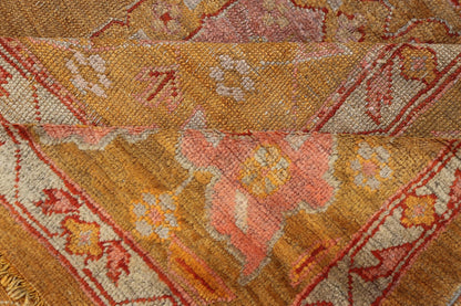 19th century Squared Shape Antique Oushak Rug with golden Green, Marigold, Cream and Pink Color. Keivan Woven Arts / Rug / E - 0805, country of origin / type: Turkey / Oushak, circa Late 19th Century antique Oushak. Measures: 11'6 x 13'2. T... - Keivan Woven ArtsE - 0805 - 481Rug