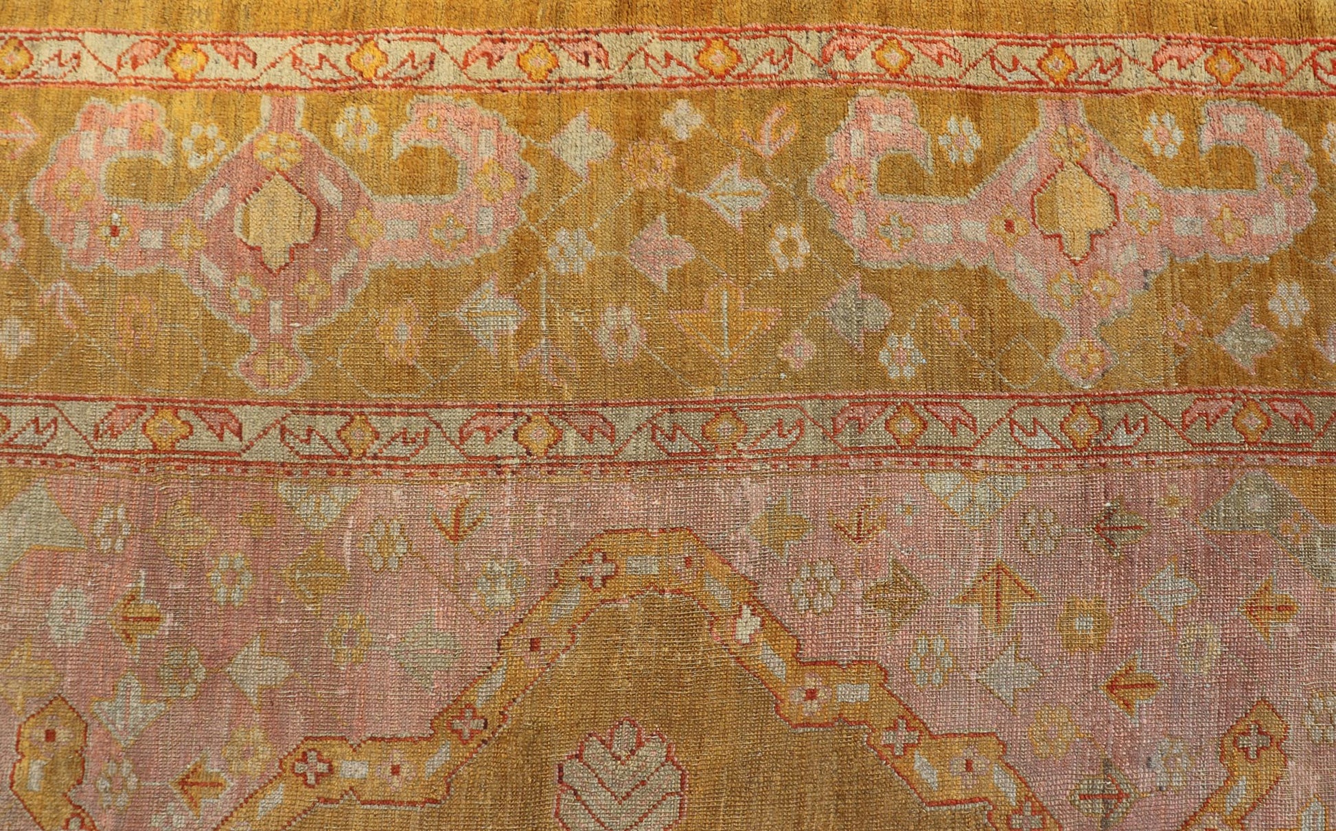 19th century Squared Shape Antique Oushak Rug with golden Green, Marigold, Cream and Pink Color. Keivan Woven Arts / Rug / E - 0805, country of origin / type: Turkey / Oushak, circa Late 19th Century antique Oushak. Measures: 11'6 x 13'2. T... - Keivan Woven ArtsE - 0805 - 481Rug