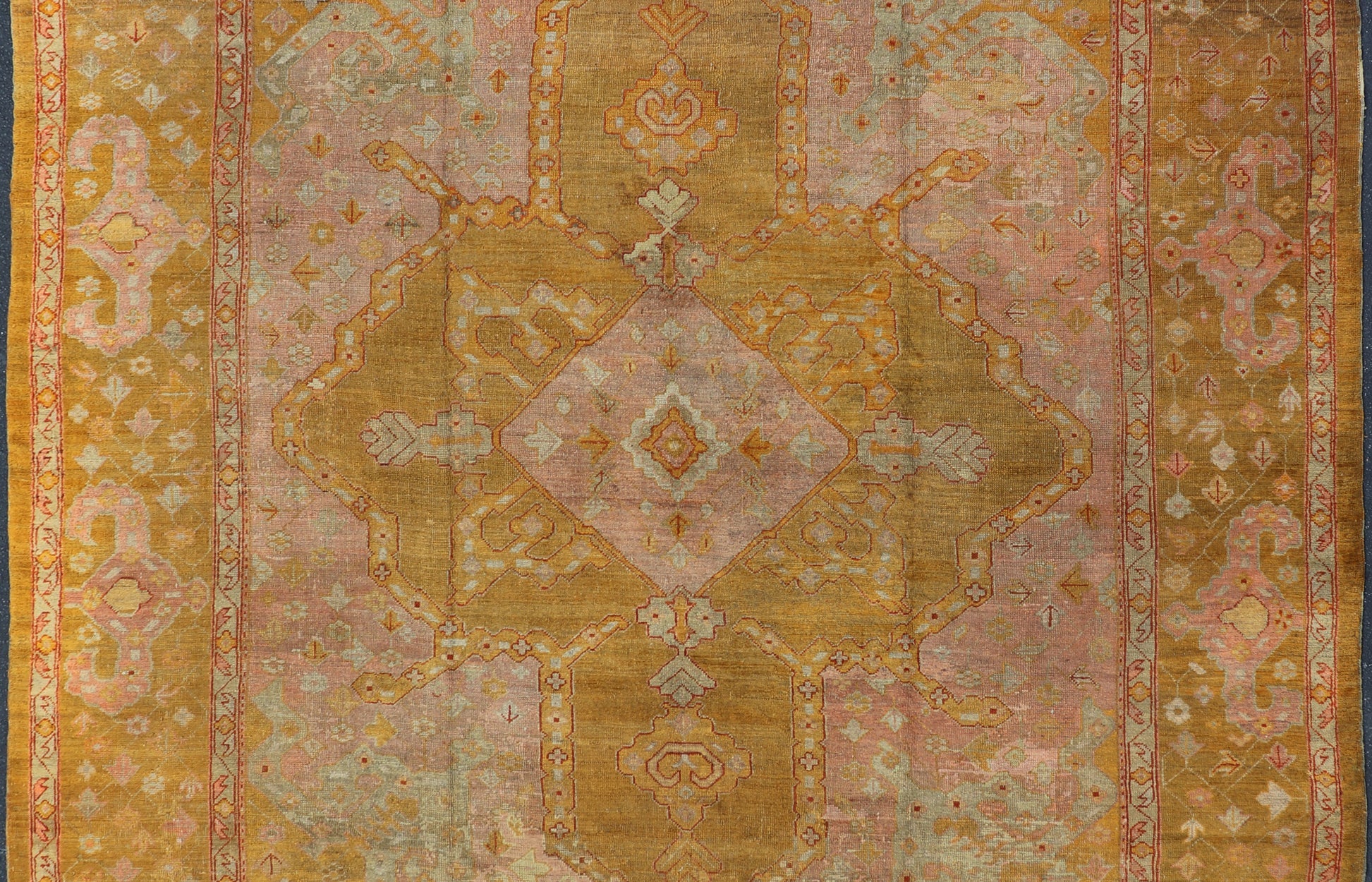 19th century Squared Shape Antique Oushak Rug with golden Green, Marigold, Cream and Pink Color. Keivan Woven Arts / Rug / E - 0805, country of origin / type: Turkey / Oushak, circa Late 19th Century antique Oushak. Measures: 11'6 x 13'2. T... - Keivan Woven ArtsE - 0805 - 481Rug
