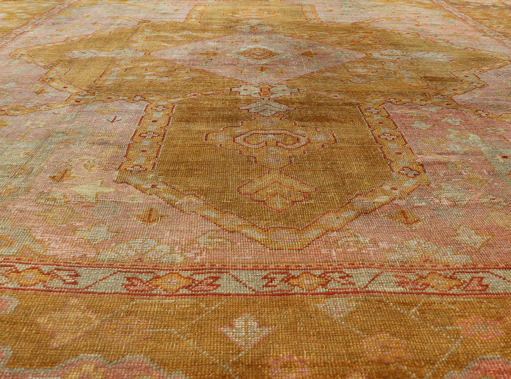 19th century Squared Shape Antique Oushak Rug with golden Green, Marigold, Cream and Pink Color. Keivan Woven Arts / Rug / E - 0805, country of origin / type: Turkey / Oushak, circa Late 19th Century antique Oushak. Measures: 11'6 x 13'2. T... - Keivan Woven ArtsE - 0805 - 481Rug