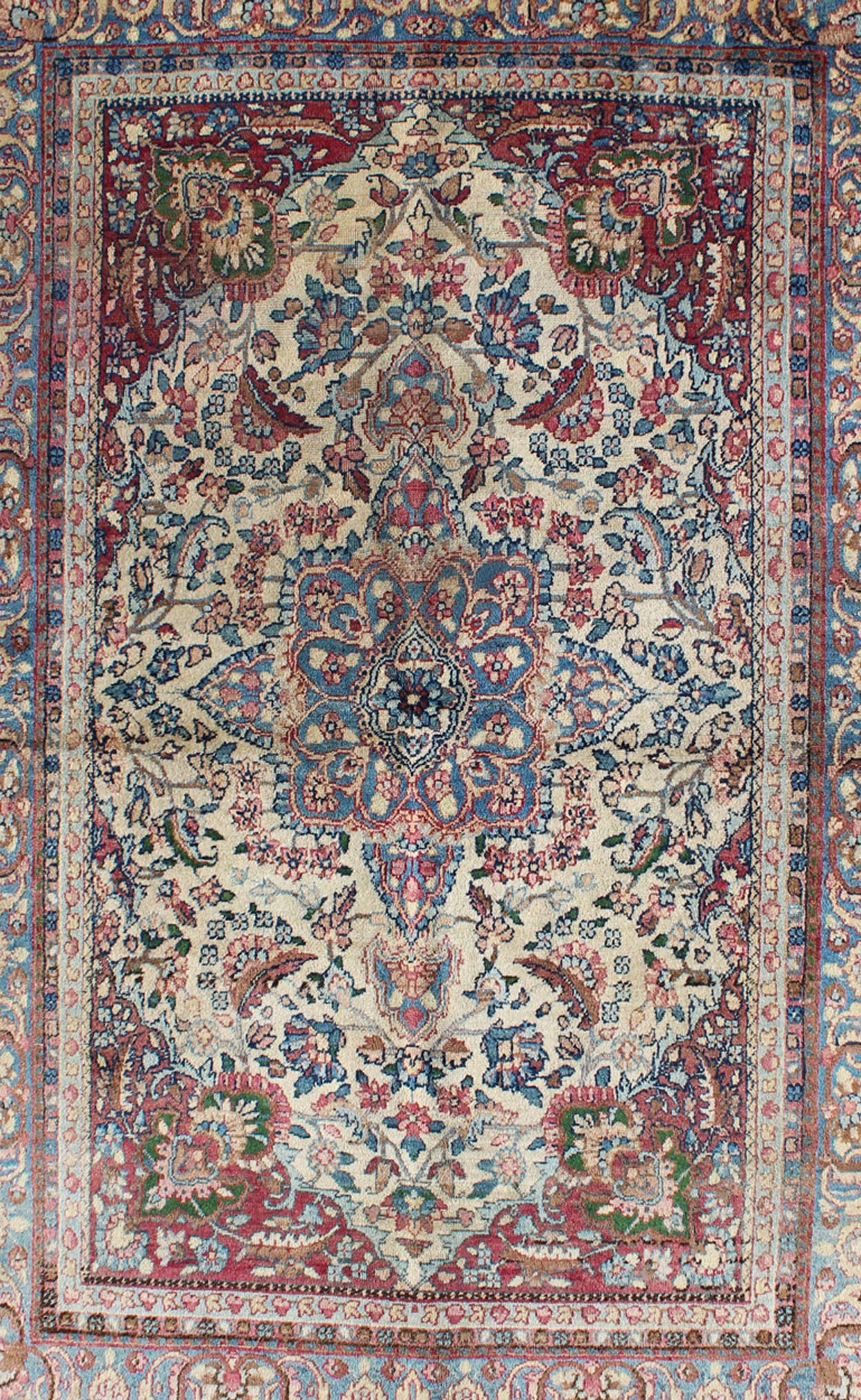 Detailed Antique Persian Lavar Kerman Rug with Floral Design in Ivory Background kwarugs Ornately detailed antique Persian Lavar Kerman rug with fldral Design, rug e - 0905, country of origin / type: Iran / Lavar Kerman, circa 1910. This la... - Keivan Woven ArtsE - 0905 - 2209Rug