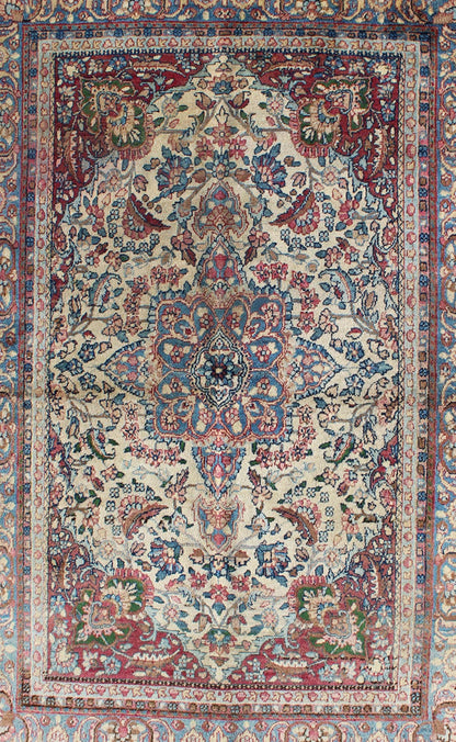 Detailed Antique Persian Lavar Kerman Rug with Floral Design in Ivory Background kwarugs Ornately detailed antique Persian Lavar Kerman rug with fldral Design, rug e - 0905, country of origin / type: Iran / Lavar Kerman, circa 1910. This la... - Keivan Woven ArtsE - 0905 - 2209Rug