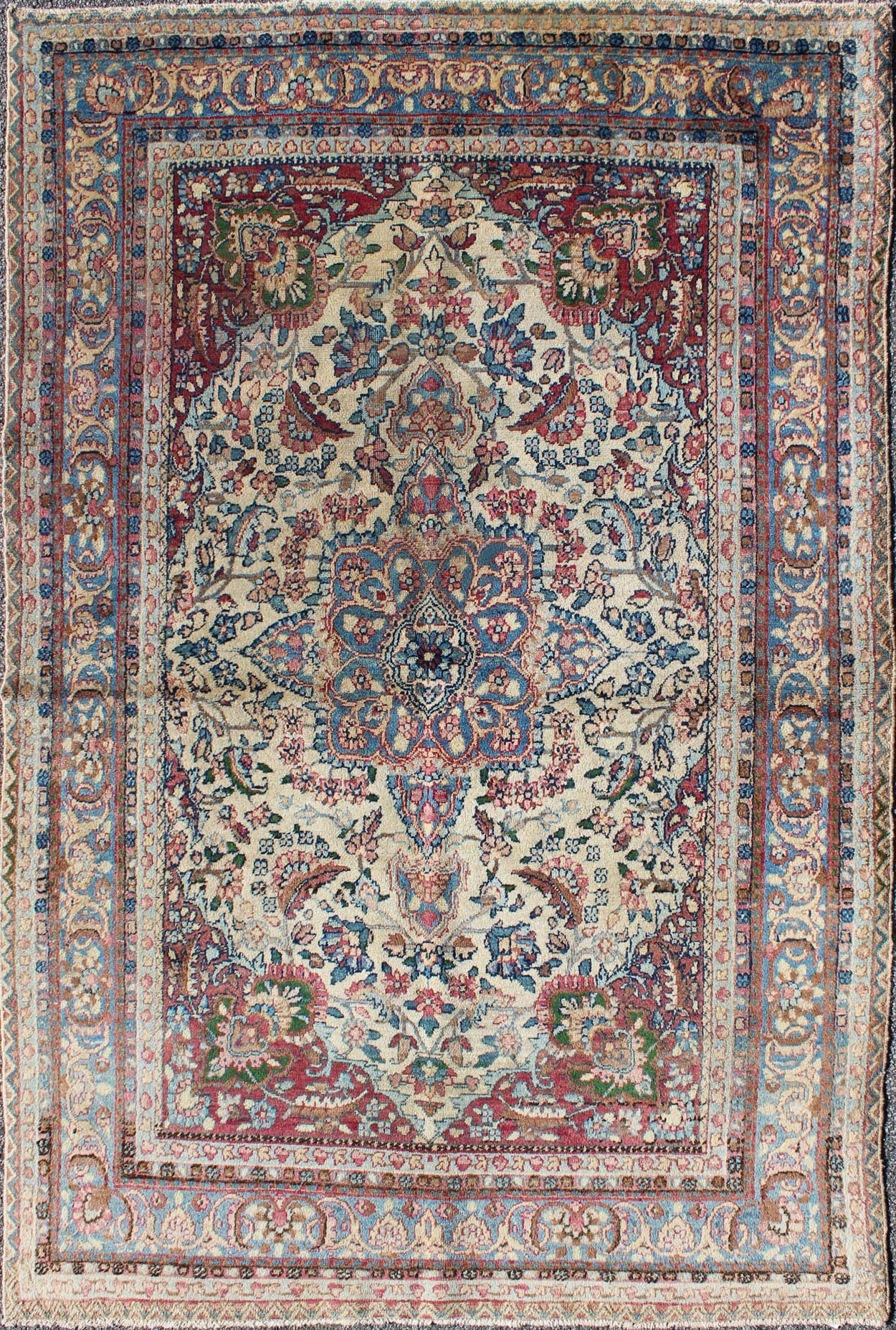 Detailed Antique Persian Lavar Kerman Rug with Floral Design in Ivory Background kwarugs Ornately detailed antique Persian Lavar Kerman rug with fldral Design, rug e - 0905, country of origin / type: Iran / Lavar Kerman, circa 1910. This la... - Keivan Woven ArtsE - 0905 - 2209Rug