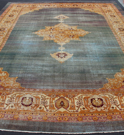 Antique Indian Agra rug intoxicating blue field and crown jewel medallion, antique crown jewel medallion, kwarugs / Keivan Woven Arts / E - 0907 / country of origin / type: Iran / Agra, circa 1900 Antique Agra, antique Amritsar. Measures: 12'11 x 17'1... - Keivan Woven ArtsE - 0907 - 361Rug