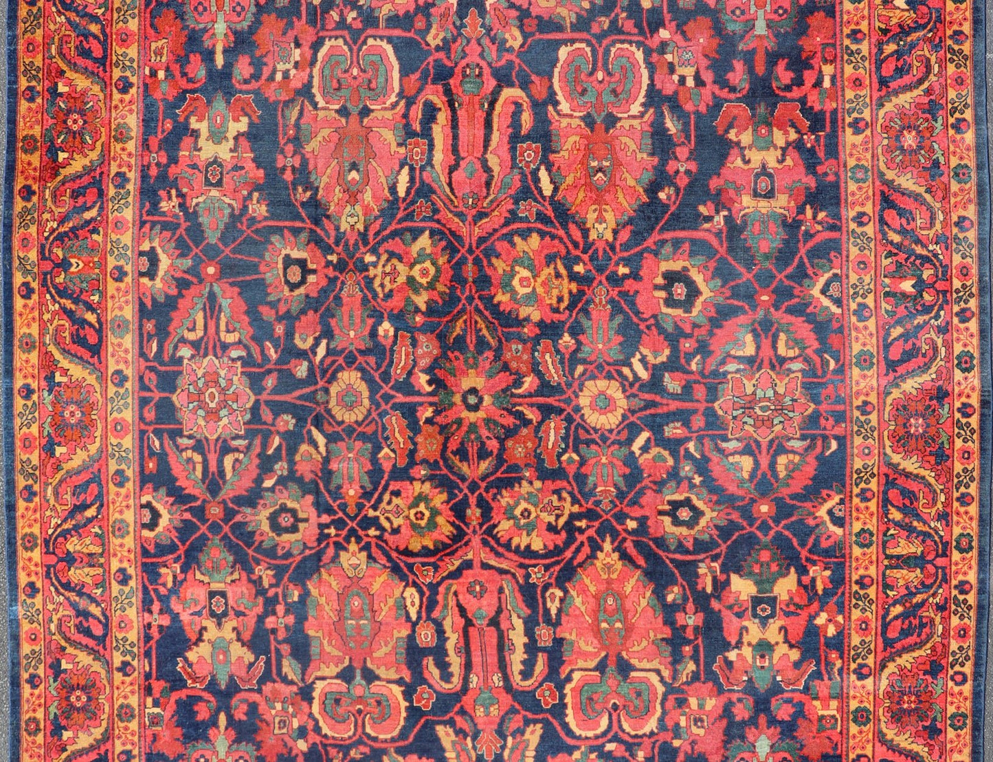 Antique Persian Sultanabad Rug With Large Scale Design in Blue, Red, and Gold. Keivan Woven Arts / rug / E - 0908, country of origin / type: Iran / Sultanabad, circa 1890. Measures: 11'3 x 13' This Persian Antique Sultanabad draws heavily from nat... - Keivan Woven ArtsE - 0908 - 487Rug