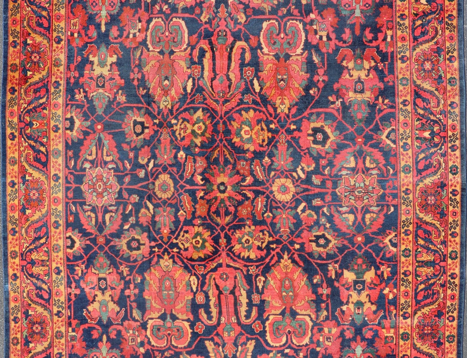 Antique Persian Sultanabad Rug With Large Scale Design in Blue, Red, and Gold. Keivan Woven Arts / rug / E - 0908, country of origin / type: Iran / Sultanabad, circa 1890. Measures: 11'3 x 13' This Persian Antique Sultanabad draws heavily from nat... - Keivan Woven ArtsE - 0908 - 487Rug