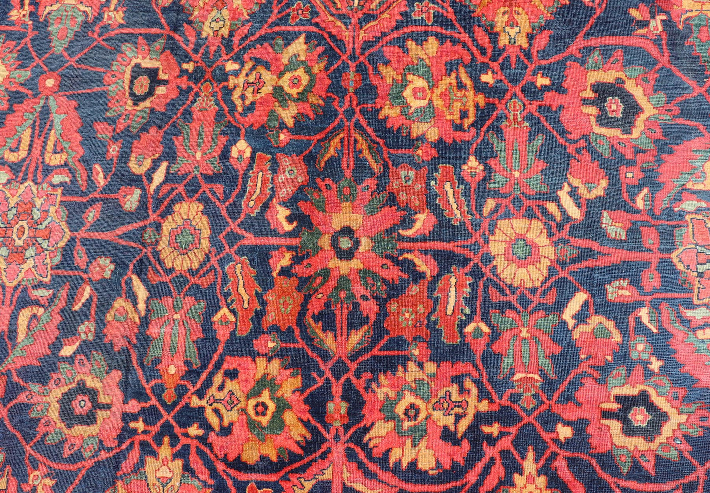 Antique Persian Sultanabad Rug With Large Scale Design in Blue, Red, and Gold. Keivan Woven Arts / rug / E - 0908, country of origin / type: Iran / Sultanabad, circa 1890. Measures: 11'3 x 13' This Persian Antique Sultanabad draws heavily from nat... - Keivan Woven ArtsE - 0908 - 487Rug