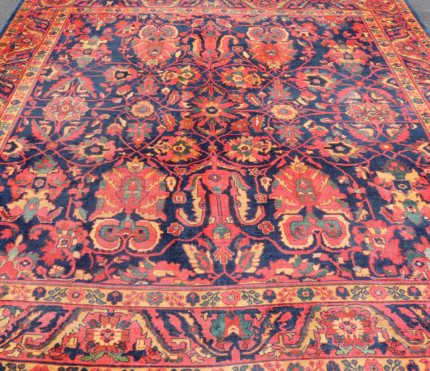 Antique Persian Sultanabad Rug With Large Scale Design in Blue, Red, and Gold. Keivan Woven Arts / rug / E - 0908, country of origin / type: Iran / Sultanabad, circa 1890. Measures: 11'3 x 13' This Persian Antique Sultanabad draws heavily from nat... - Keivan Woven ArtsE - 0908 - 487Rug
