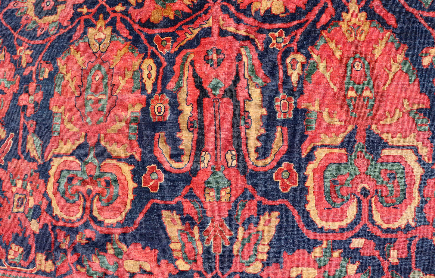 Antique Persian Sultanabad Rug With Large Scale Design in Blue, Red, and Gold. Keivan Woven Arts / rug / E - 0908, country of origin / type: Iran / Sultanabad, circa 1890. Measures: 11'3 x 13' This Persian Antique Sultanabad draws heavily from nat... - Keivan Woven ArtsE - 0908 - 487Rug
