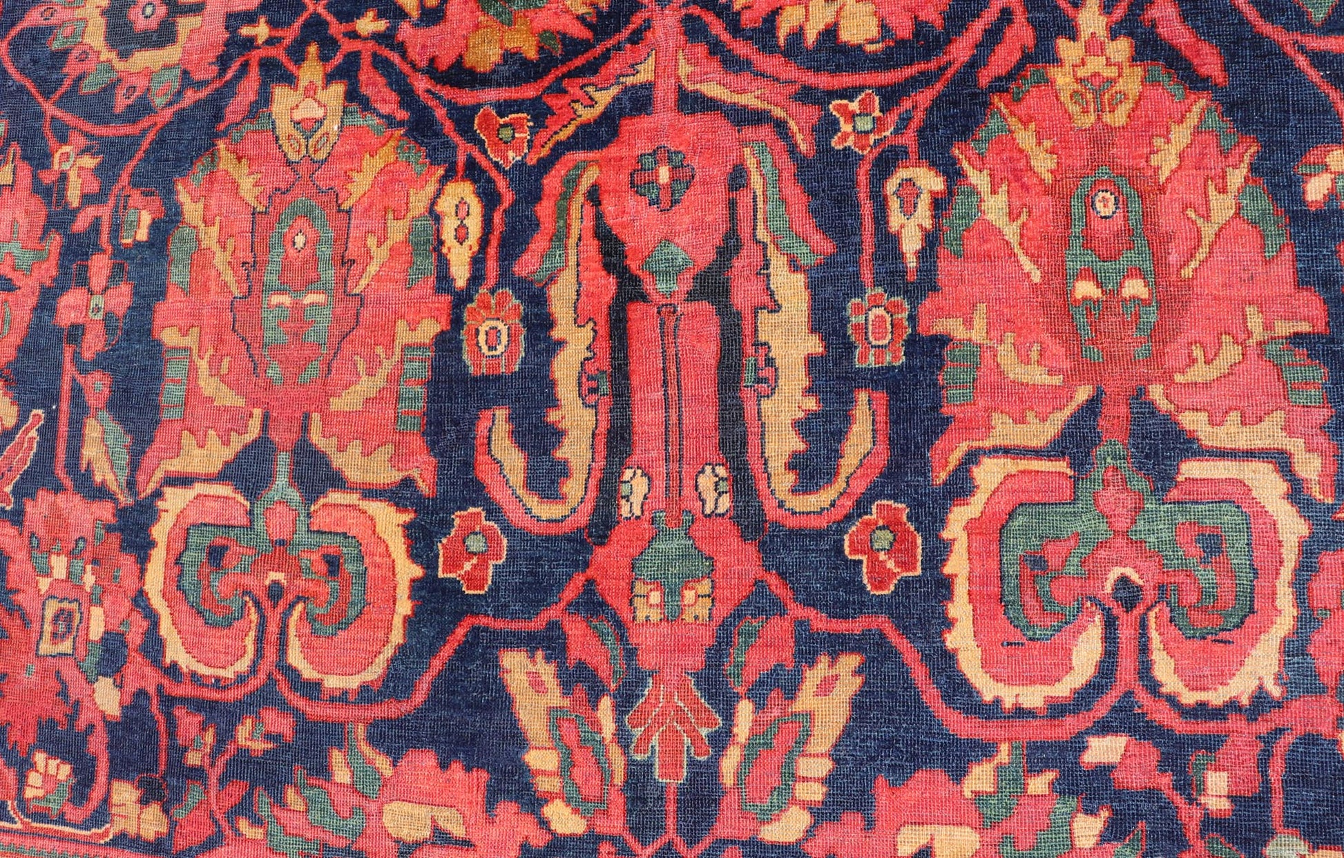 Antique Persian Sultanabad Rug With Large Scale Design in Blue, Red, and Gold. Keivan Woven Arts / rug / E - 0908, country of origin / type: Iran / Sultanabad, circa 1890. Measures: 11'3 x 13' This Persian Antique Sultanabad draws heavily from nat... - Keivan Woven ArtsE - 0908 - 487Rug