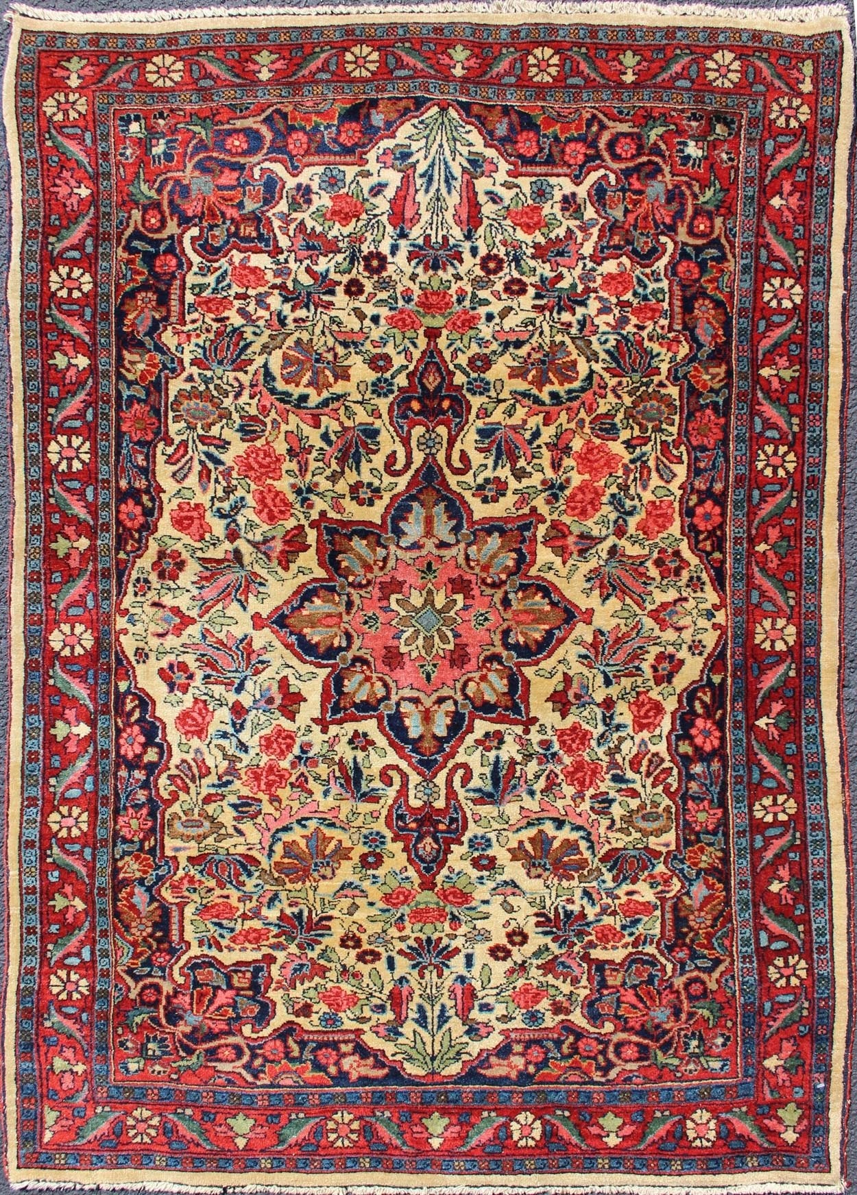 Antique Persian Medallion Bidjar Colorful Rug In Ivory, Navy Blue and Red. Antique Hand - Knotted Persian Bidjar, rug E - 0910, country of origin / type: Persian / Tabriz, circa early - 20th century. This great condition and colorful antique Bidja... - Keivan Woven ArtsE - 0910 - 1092Rug