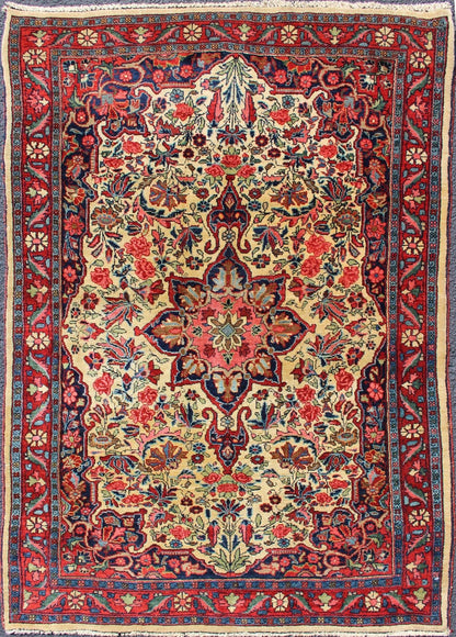 Antique Persian Medallion Bidjar Colorful Rug In Ivory, Navy Blue and Red. Antique Hand - Knotted Persian Bidjar, rug E - 0910, country of origin / type: Persian / Tabriz, circa early - 20th century. This great condition and colorful antique Bidja... - Keivan Woven ArtsE - 0910 - 1092Rug