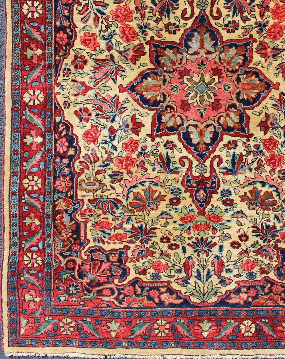 Antique Persian Medallion Bidjar Colorful Rug In Ivory, Navy Blue and Red. Antique Hand - Knotted Persian Bidjar, rug E - 0910, country of origin / type: Persian / Tabriz, circa early - 20th century. This great condition and colorful antique Bidja... - Keivan Woven ArtsE - 0910 - 1092Rug