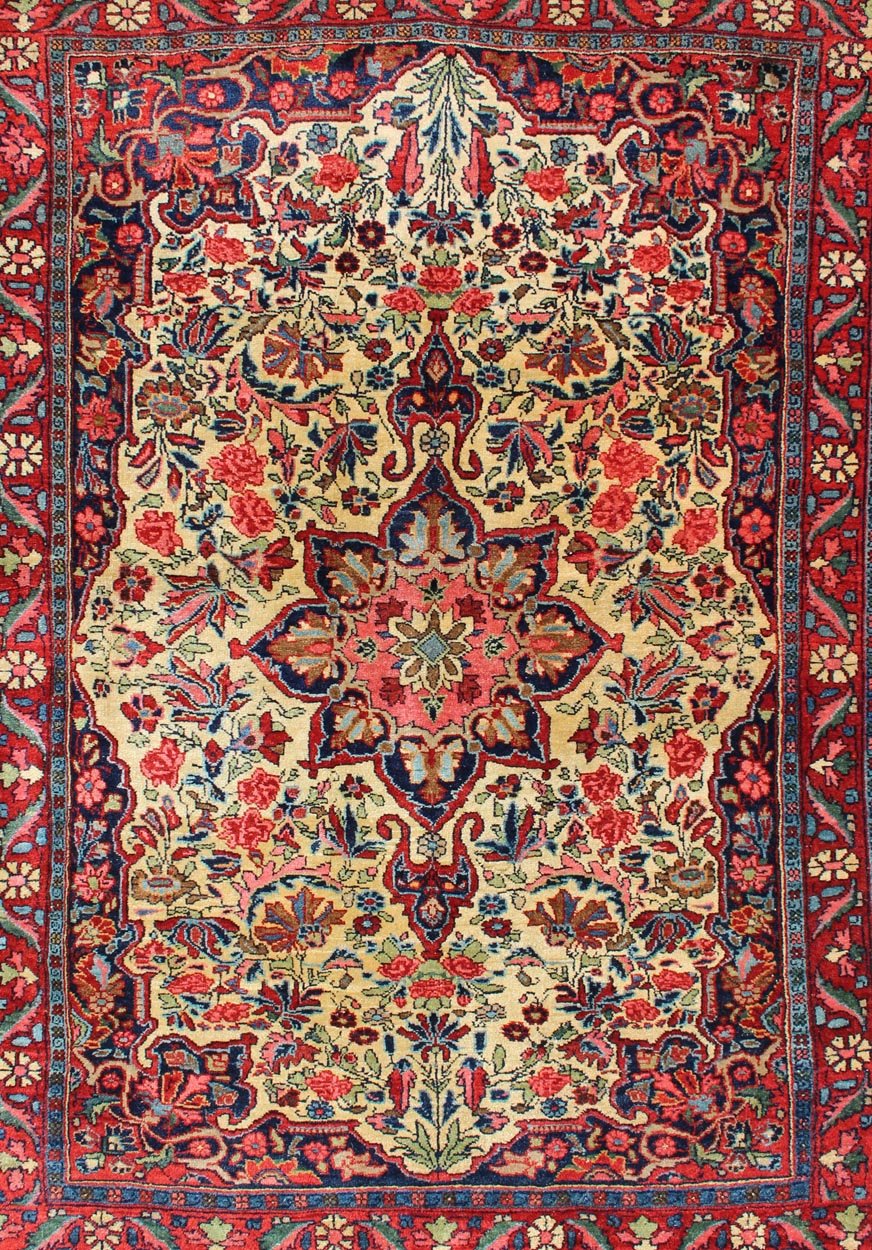 Antique Persian Medallion Bidjar Colorful Rug In Ivory, Navy Blue and Red. Antique Hand - Knotted Persian Bidjar, rug E - 0910, country of origin / type: Persian / Tabriz, circa early - 20th century. This great condition and colorful antique Bidja... - Keivan Woven ArtsE - 0910 - 1092Rug