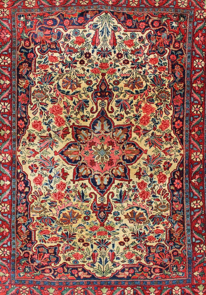 Antique Persian Medallion Bidjar Colorful Rug In Ivory, Navy Blue and Red. Antique Hand - Knotted Persian Bidjar, rug E - 0910, country of origin / type: Persian / Tabriz, circa early - 20th century. This great condition and colorful antique Bidja... - Keivan Woven ArtsE - 0910 - 1092Rug