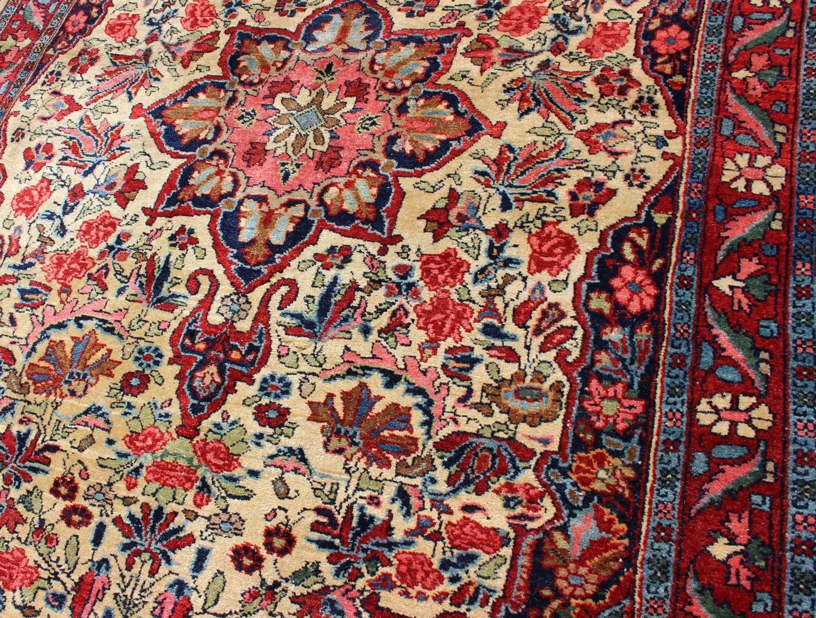 Antique Persian Medallion Bidjar Colorful Rug In Ivory, Navy Blue and Red. Antique Hand - Knotted Persian Bidjar, rug E - 0910, country of origin / type: Persian / Tabriz, circa early - 20th century. This great condition and colorful antique Bidja... - Keivan Woven ArtsE - 0910 - 1092Rug