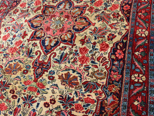 Antique Persian Medallion Bidjar Colorful Rug In Ivory, Navy Blue and Red. Antique Hand - Knotted Persian Bidjar, rug E - 0910, country of origin / type: Persian / Tabriz, circa early - 20th century. This great condition and colorful antique Bidja... - Keivan Woven ArtsE - 0910 - 1092Rug