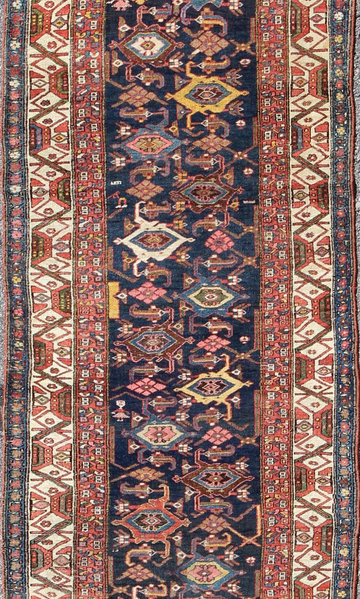 Red, blue, and ivory antique Persian Bidjar runner with all - over geometrics, rug e - 1002, country of origin / type: Iran / Bidjar, circa 1900 This magnificent early 20th century Persian Bidjar runner brilliantly incorporates breathtaking colo... - Keivan Woven ArtsE - 1002 - 1504Rug