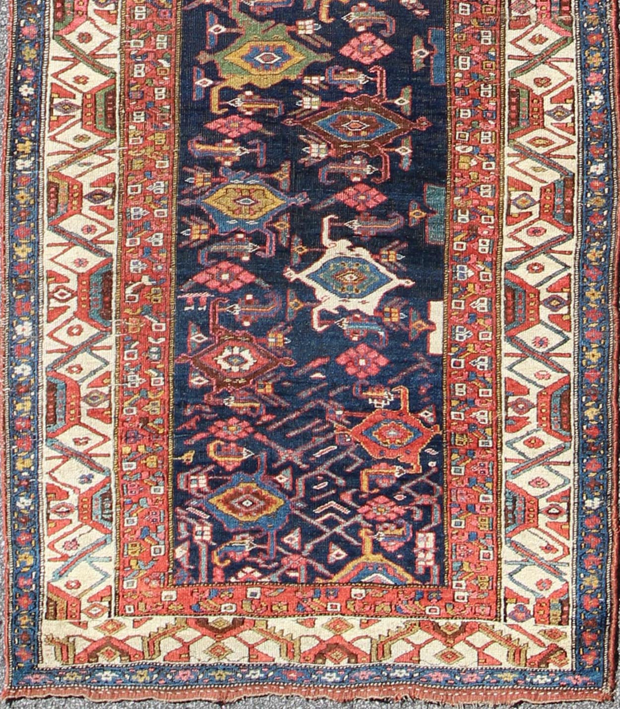 Red, blue, and ivory antique Persian Bidjar runner with all - over geometrics, rug e - 1002, country of origin / type: Iran / Bidjar, circa 1900 This magnificent early 20th century Persian Bidjar runner brilliantly incorporates breathtaking colo... - Keivan Woven ArtsE - 1002 - 1504Rug