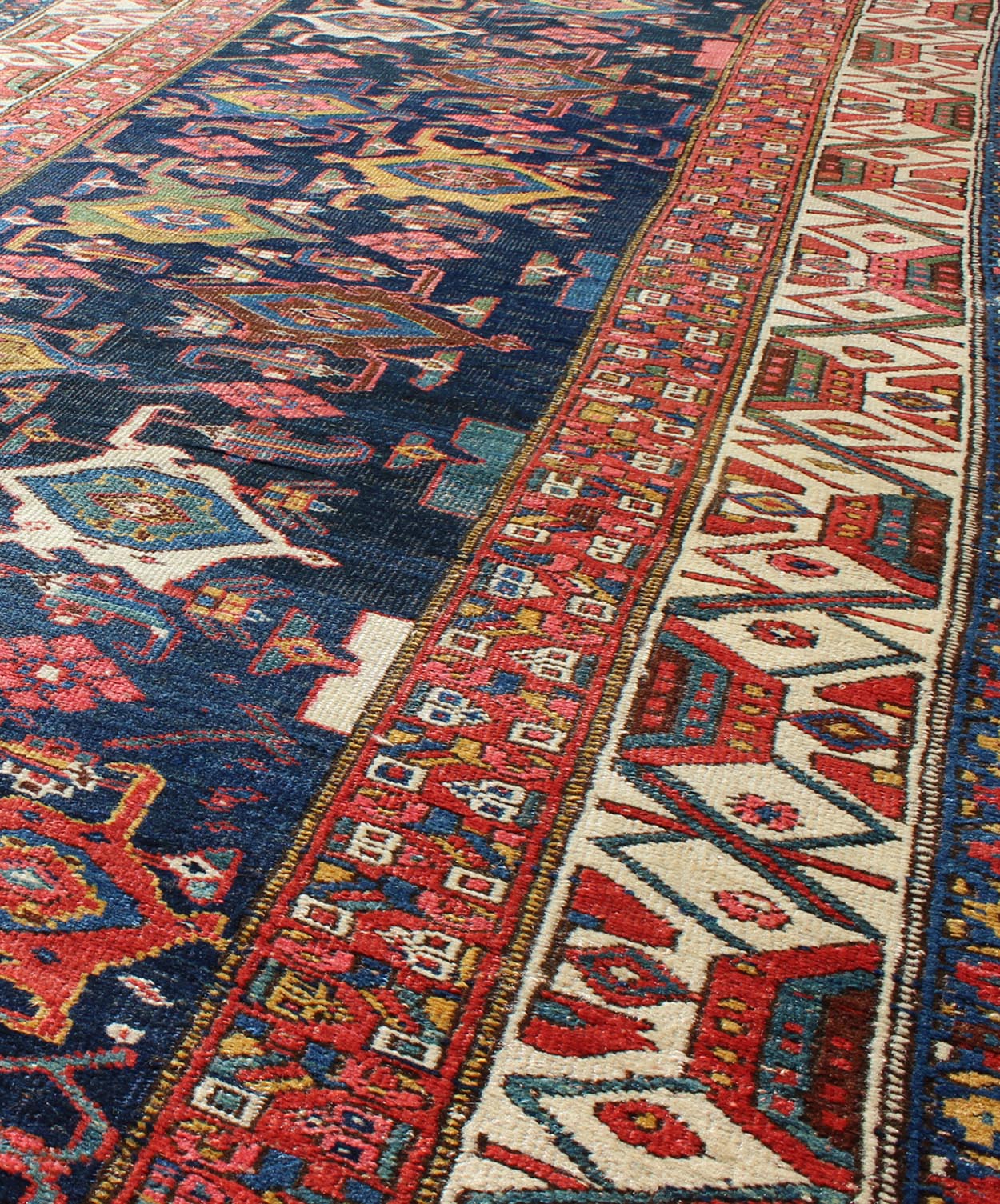 Red, blue, and ivory antique Persian Bidjar runner with all - over geometrics, rug e - 1002, country of origin / type: Iran / Bidjar, circa 1900 This magnificent early 20th century Persian Bidjar runner brilliantly incorporates breathtaking colo... - Keivan Woven ArtsE - 1002 - 1504Rug