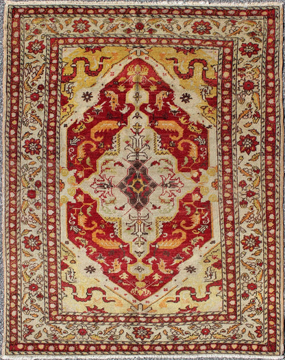 Antique Turkish Fine Sivas rug with center medallion in Red, yellow & Light Green. Keivan Woven Arts/ rug E - 1101, country of origin / type: Turkey / Oushak, circa 1910 Measures: 3'10 x 5'1. This antique early 20th century Sivas fine rug f... - Keivan Woven ArtsE - 1101 - 1096Rug