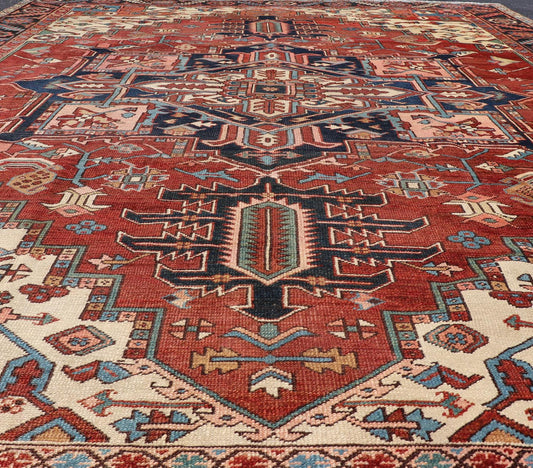 Antique Persian Serapi Carpet with bold Stylized Geometric medallion. Keivan Woven Arts / Rug / E - 1105, country of origin / type: Iran / Serapi, circa 1900. Measures: 9'5 x 12' This magnificent antique Persian circa 1900 Serapi carpet be... - Keivan Woven ArtsE - 1105 - 681Rug