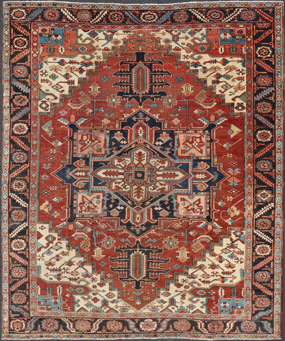Antique Persian Serapi Carpet with bold Stylized Geometric medallion. Keivan Woven Arts / Rug / E - 1105, country of origin / type: Iran / Serapi, circa 1900. Measures: 9'5 x 12' This magnificent antique Persian circa 1900 Serapi carpet be... - Keivan Woven ArtsE - 1105 - 681Rug