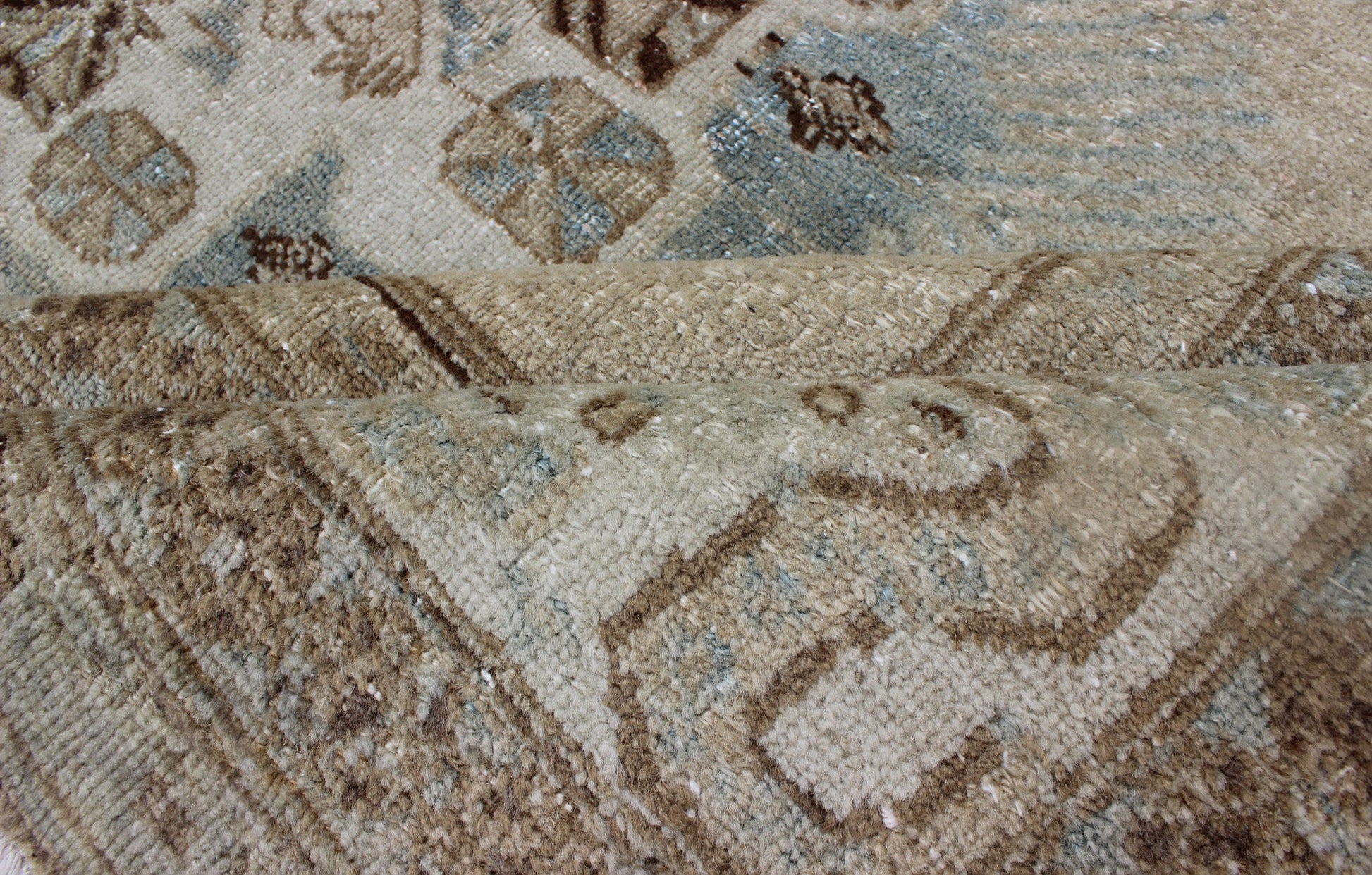 Antique Persian Tabriz Rug With Three Medallions in Muted Earth Tones and Blue. Keivan Woven Arts - Earth Tones and light blue antique Persian Ardebil Tabriz rug with medallions, rug E - 1106, country of origin / type: Iran / Tabriz, circa 1930 Ant... - Keivan Woven ArtsE - 1106 - 866Rug